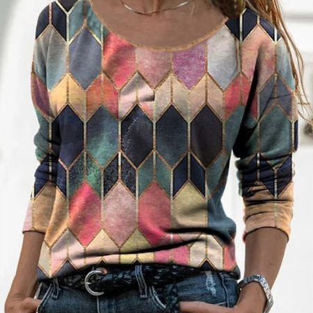 Round Neck Long Sleeve Abstract Print Top